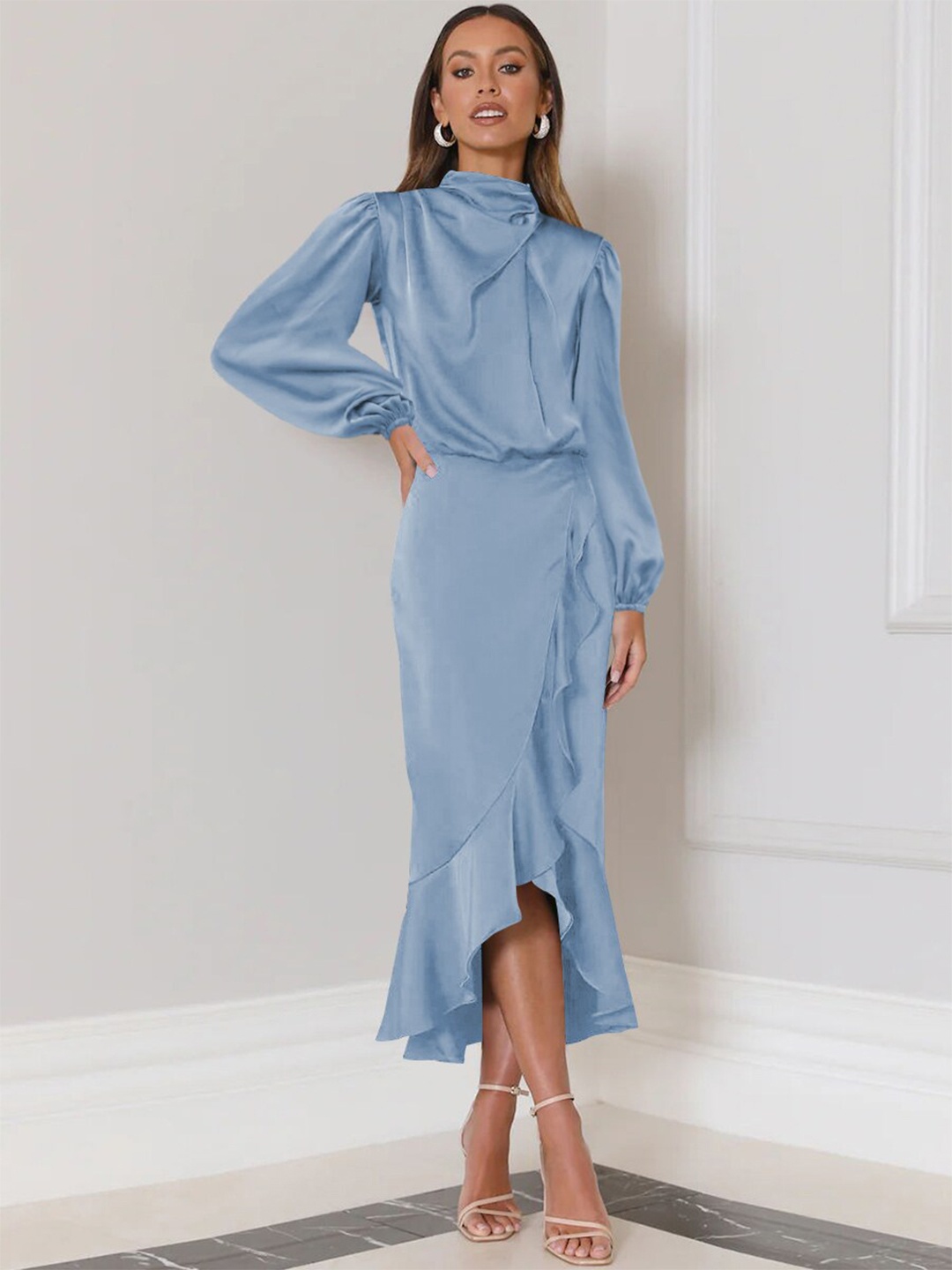 

StyleCast Blue High Neck Puff Sleeve A-Line Midi Dress