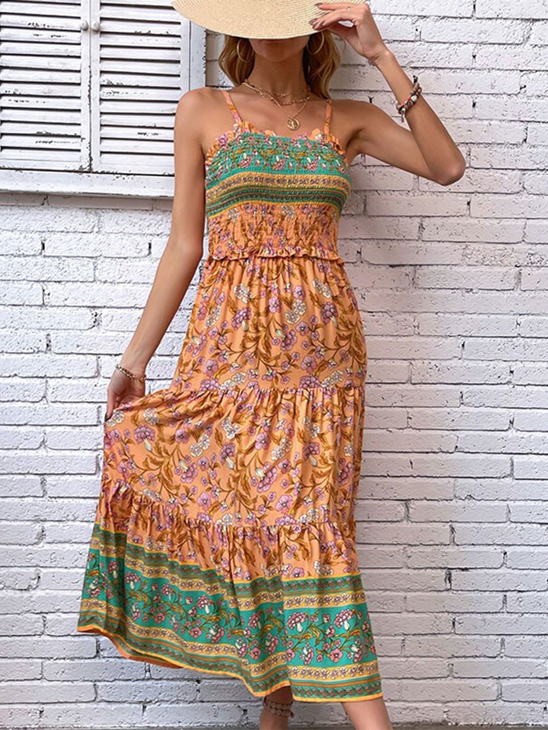 

StyleCast Orange Floral Printed Shoulder Strap Neck Tiered Maxi Dress