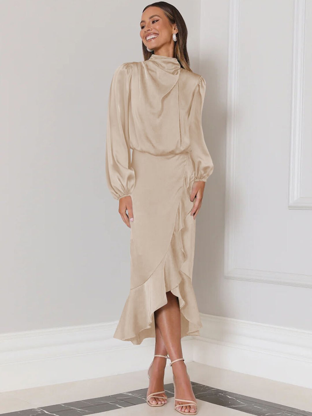 

StyleCast Beige Puff Sleeves Tulip Maxi Dress