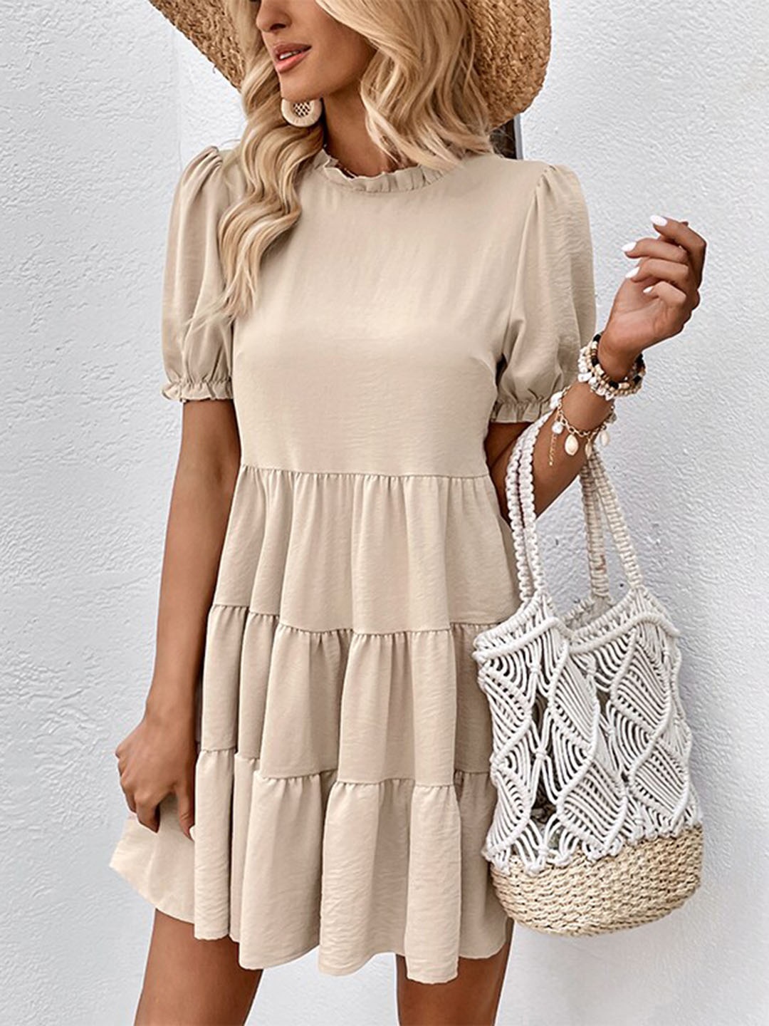 

StyleCast Beige Tie-Up Neck Puff Sleeve Fit & Flare Tiered Mini Dress