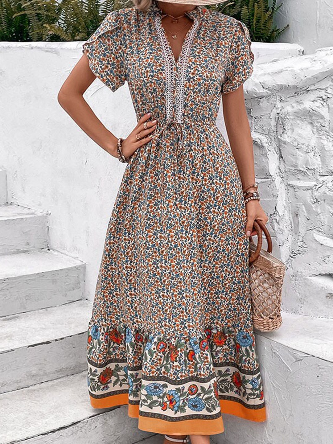 

StyleCast Khaki Floral Printed Flared Sleeves Lace-Up Fit and Flare Midi Dress