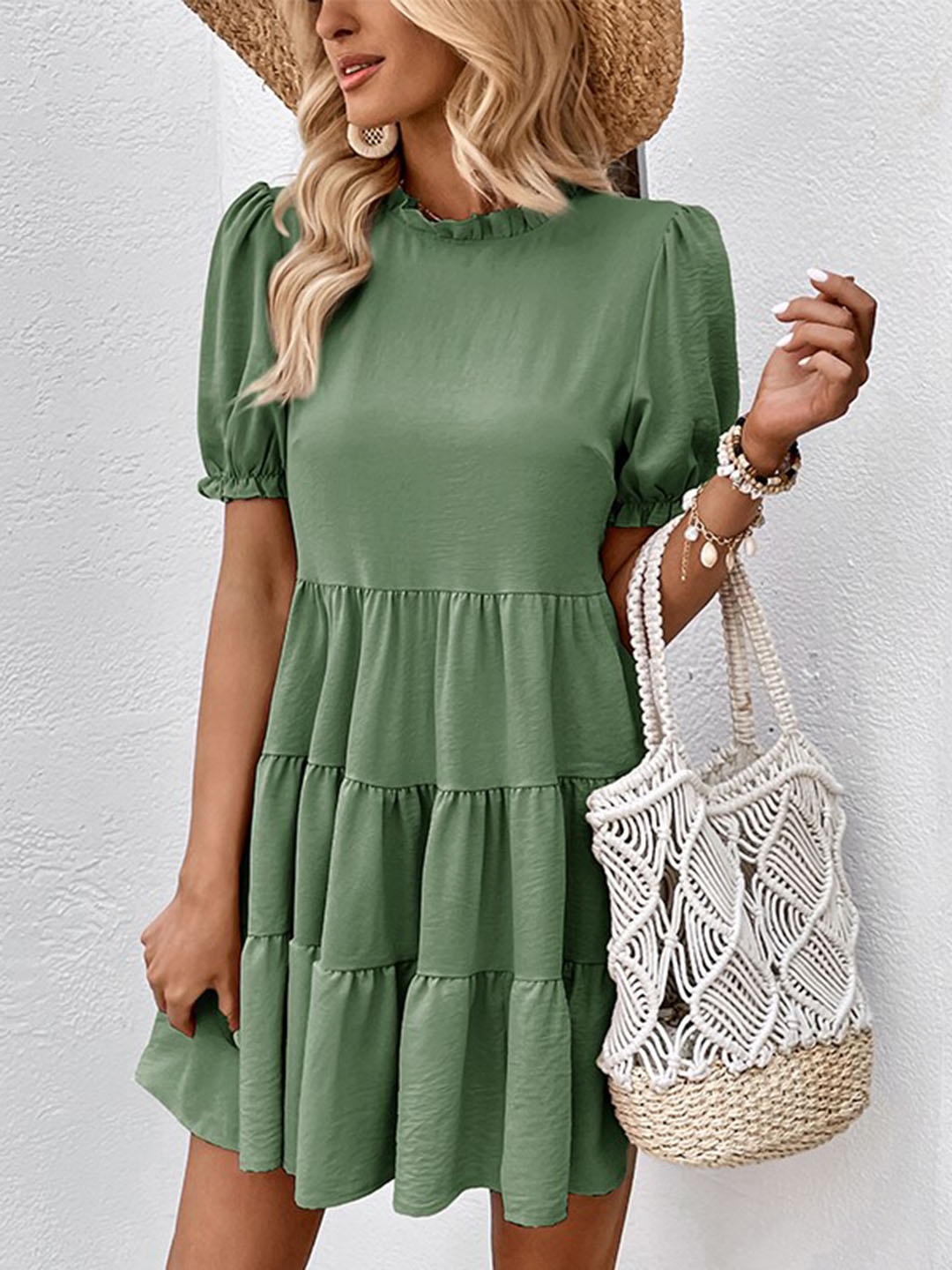 

StyleCast Green Round Neck Puff Sleeve Gathered Tiered A-Line Dress