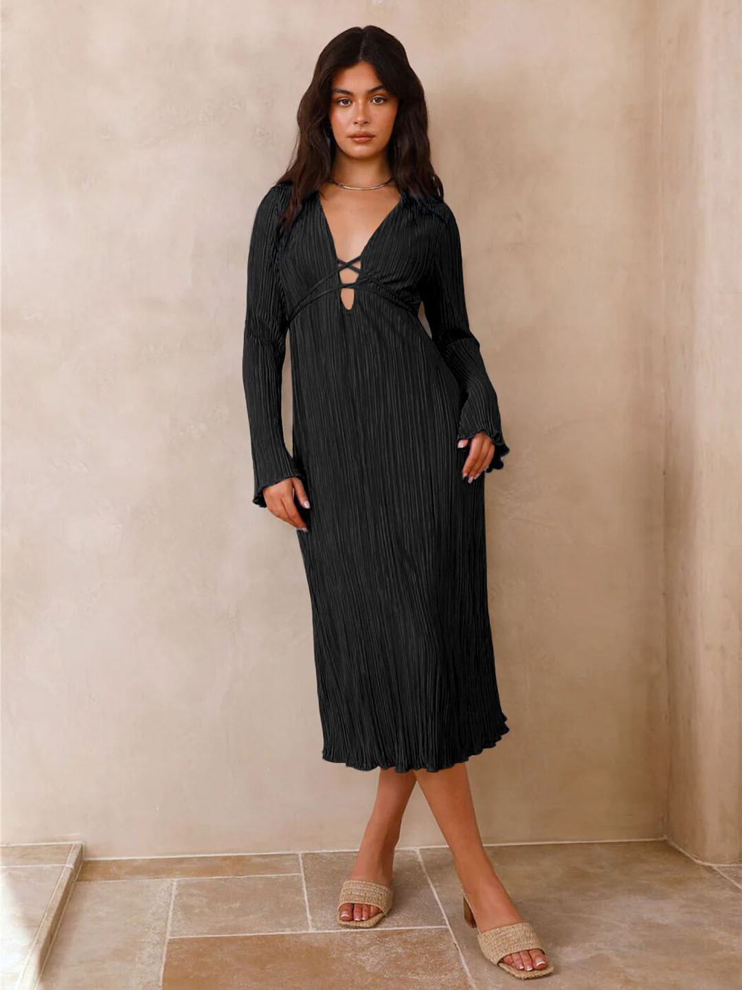 

StyleCast Black Self Design V-Neck Tie-Up Cut-Outs A-Line Midi Dress