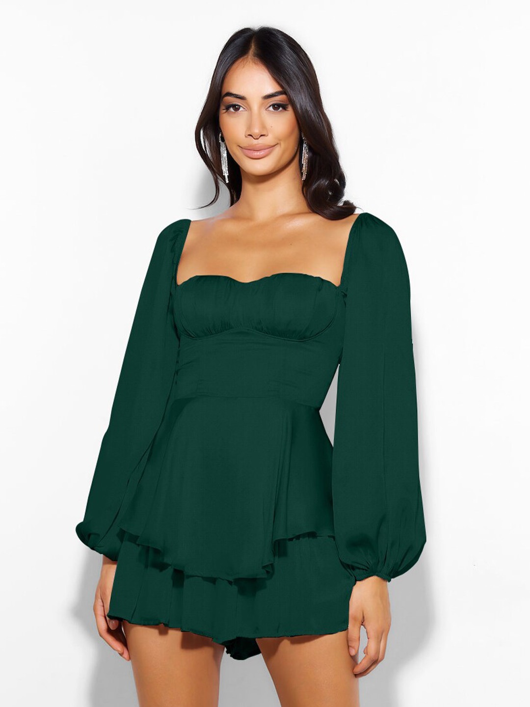 

StyleCast Green Smocked Detailed Square Neck Puff Sleeve Fit & Flare Mini Dress