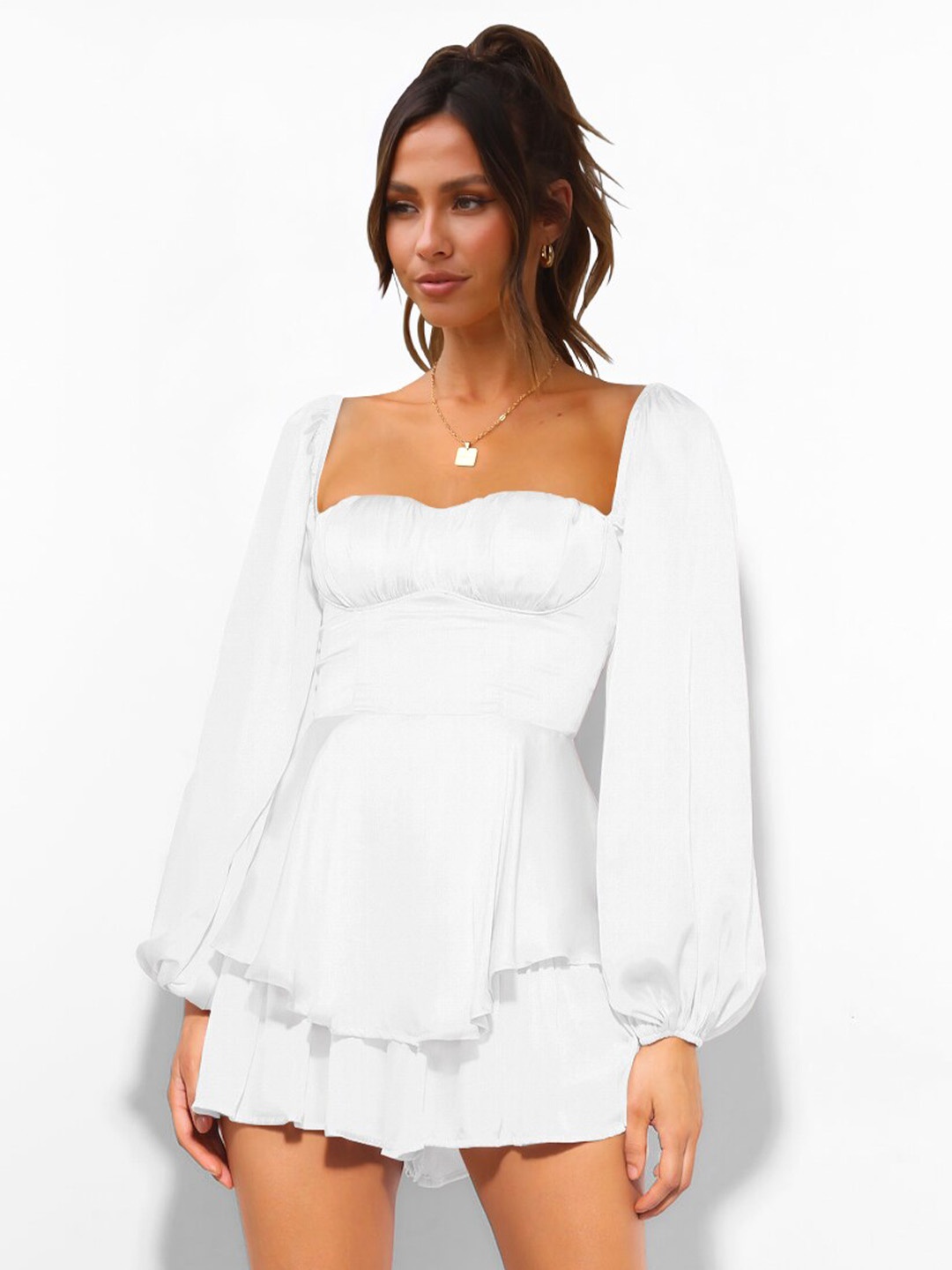 

StyleCast White Puff Sleeves Layered Fit & Flare Mini Dress