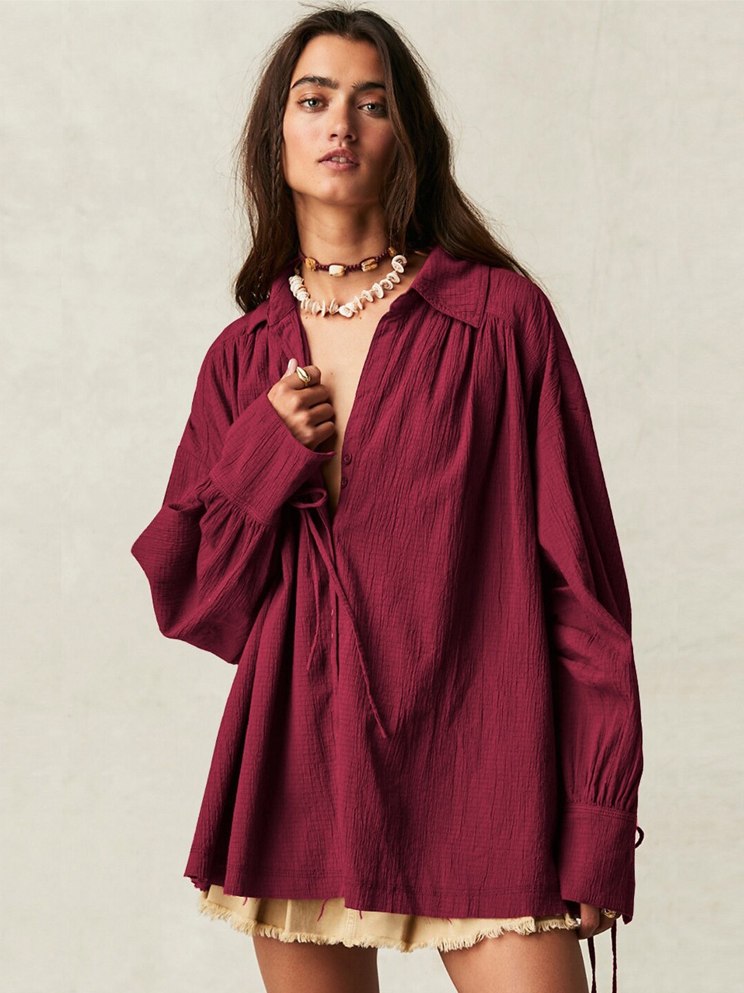 

StyleCast Textured Drop Shoulder Sleeves Gathered Oversized Fit Casual Shirt, Red