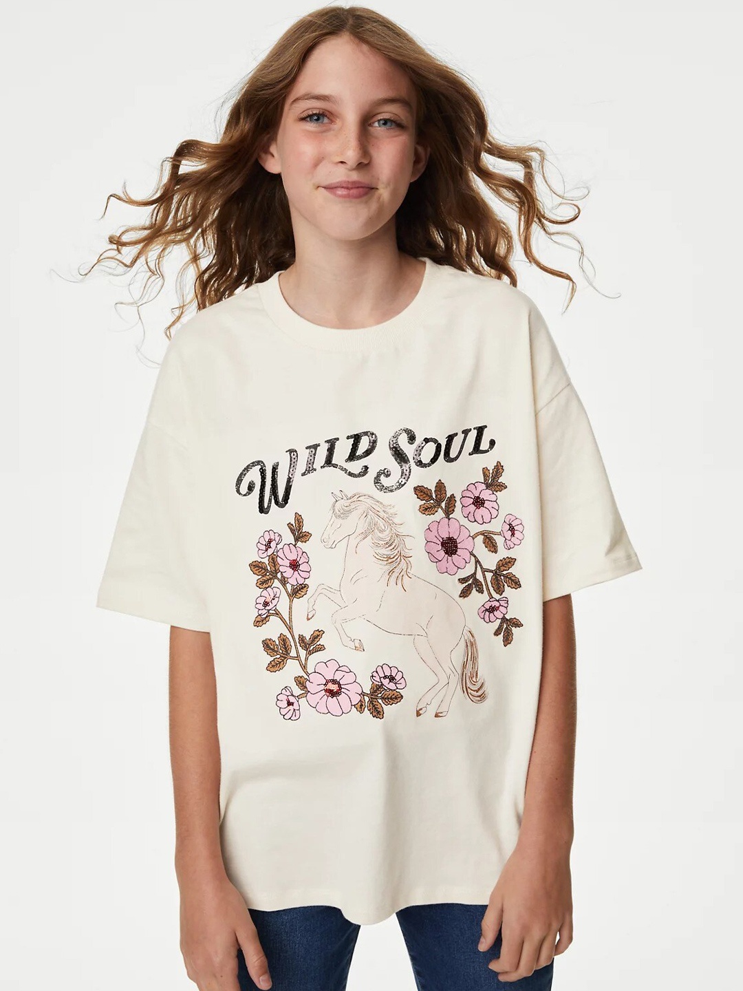 

Marks & Spencer Girls Floral Printed Extended Sleeves T-shirt, White