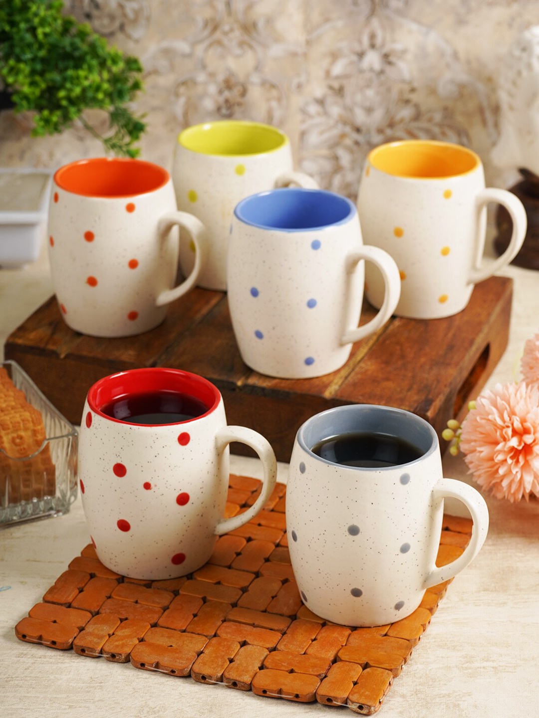 

CDI White & Yellow 6 Pieces Printed Ceramic Matte Mugs