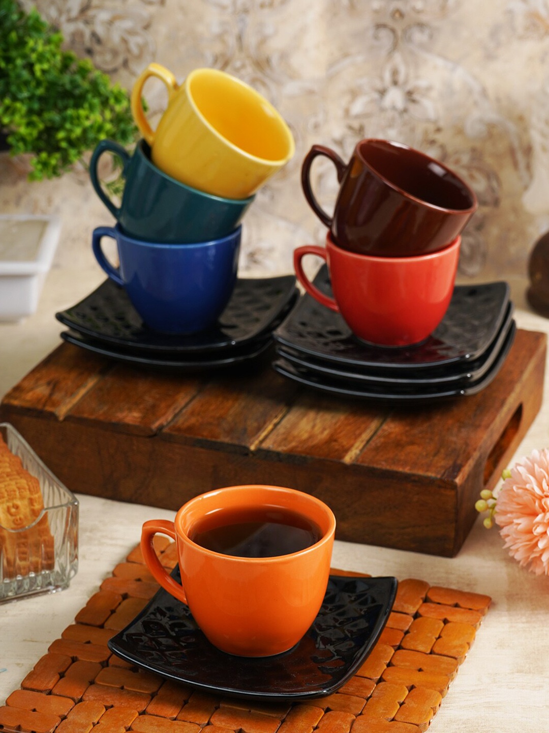 

CDI Blue & Yellow 6 Pieces Ceramic Glossy Cups and Saucers Set