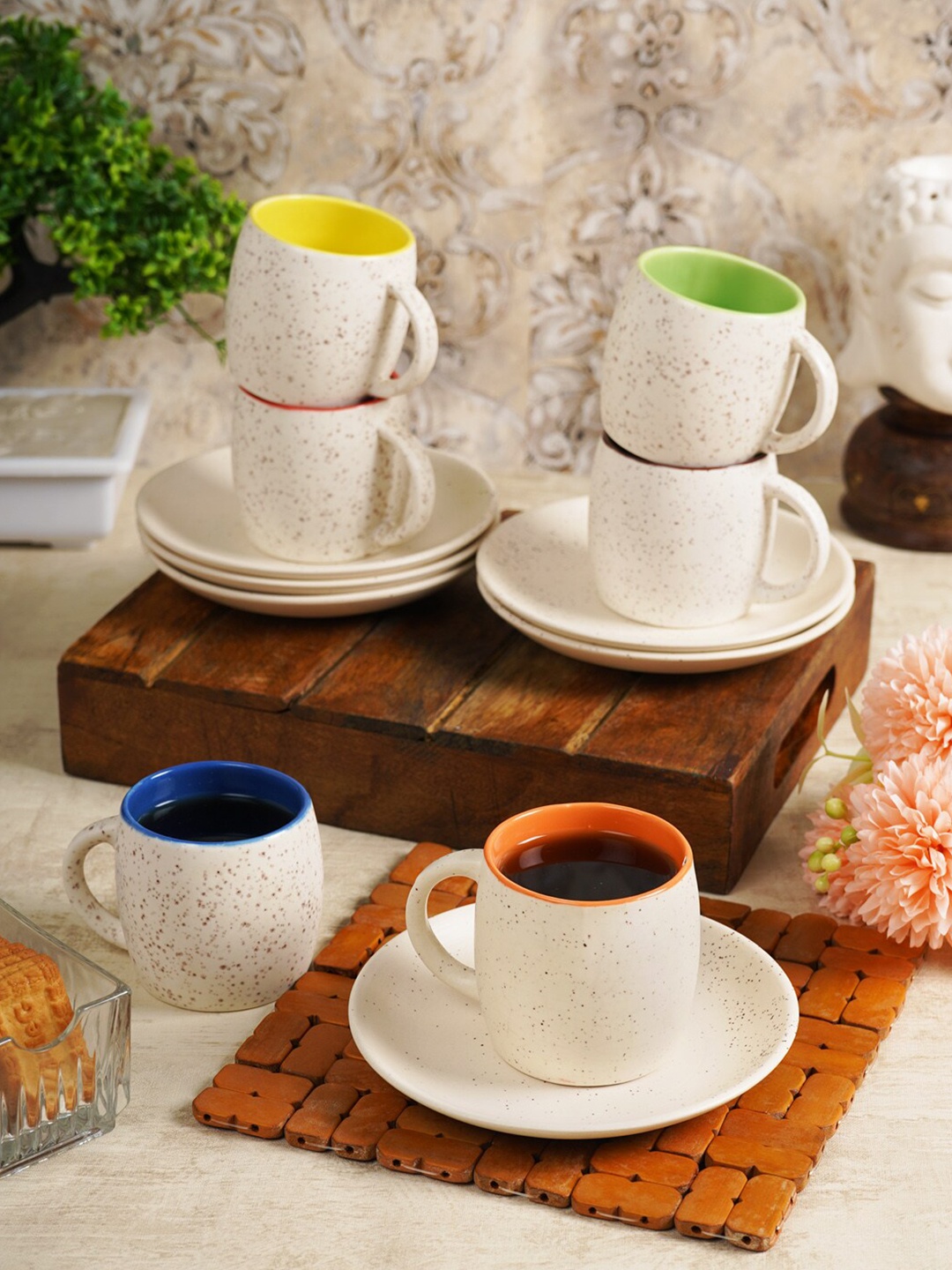 

CDI 12 Pcs White Textured Ceramic Glossy Cups and Saucers