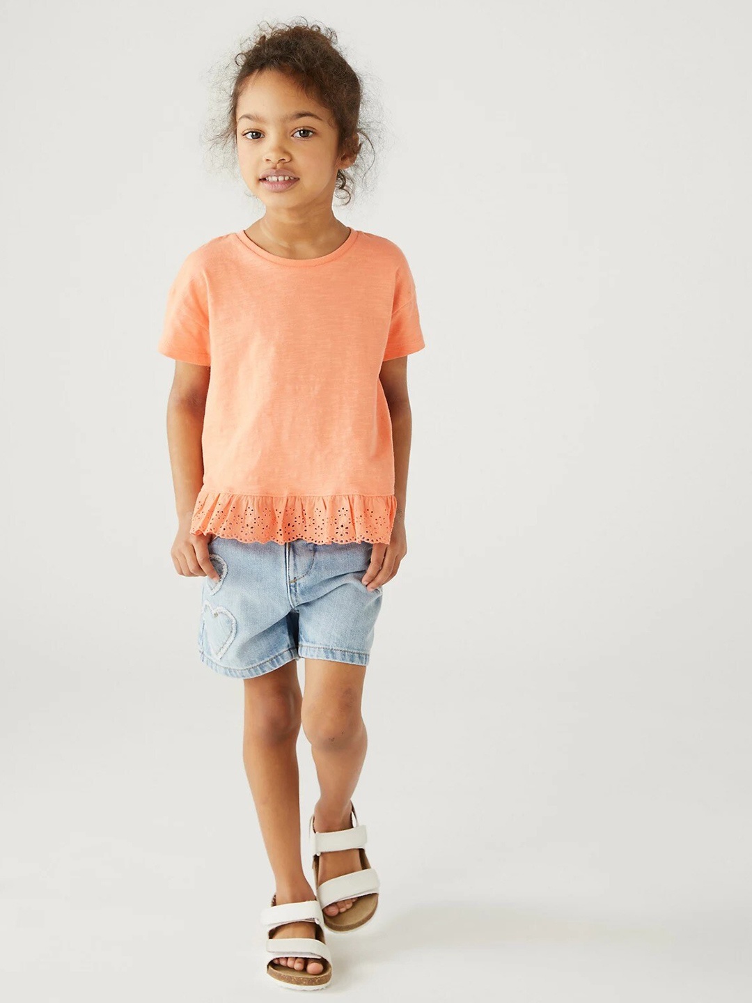 

Marks & Spencer Girls Round Neck Ruffled Pure Cotton Styled Back Top, Peach