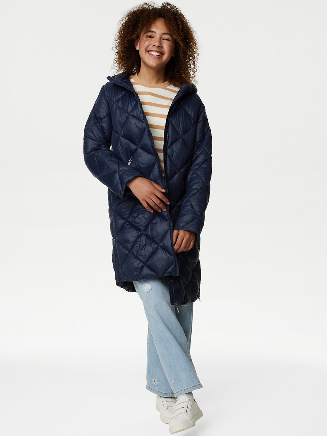 

Marks & Spencer Girls Checked Hooded Longline Quilted Jacket, Navy blue