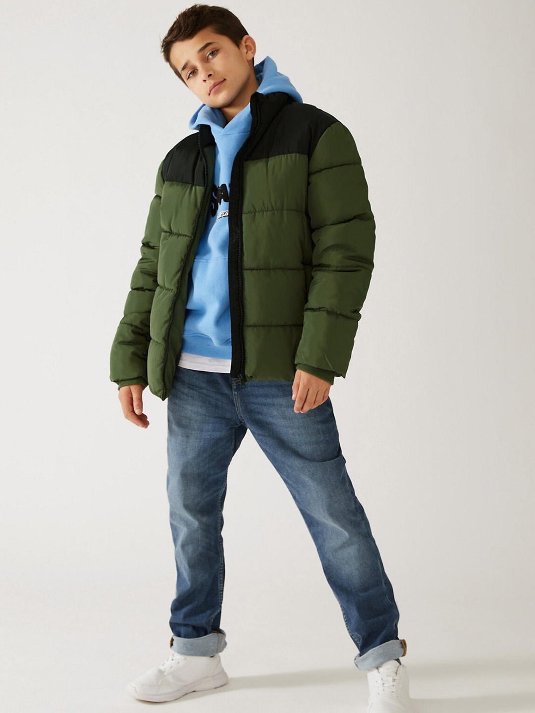 

Marks & Spencer Boys Colourblocked Spread Collar Puffer Jacket, Green