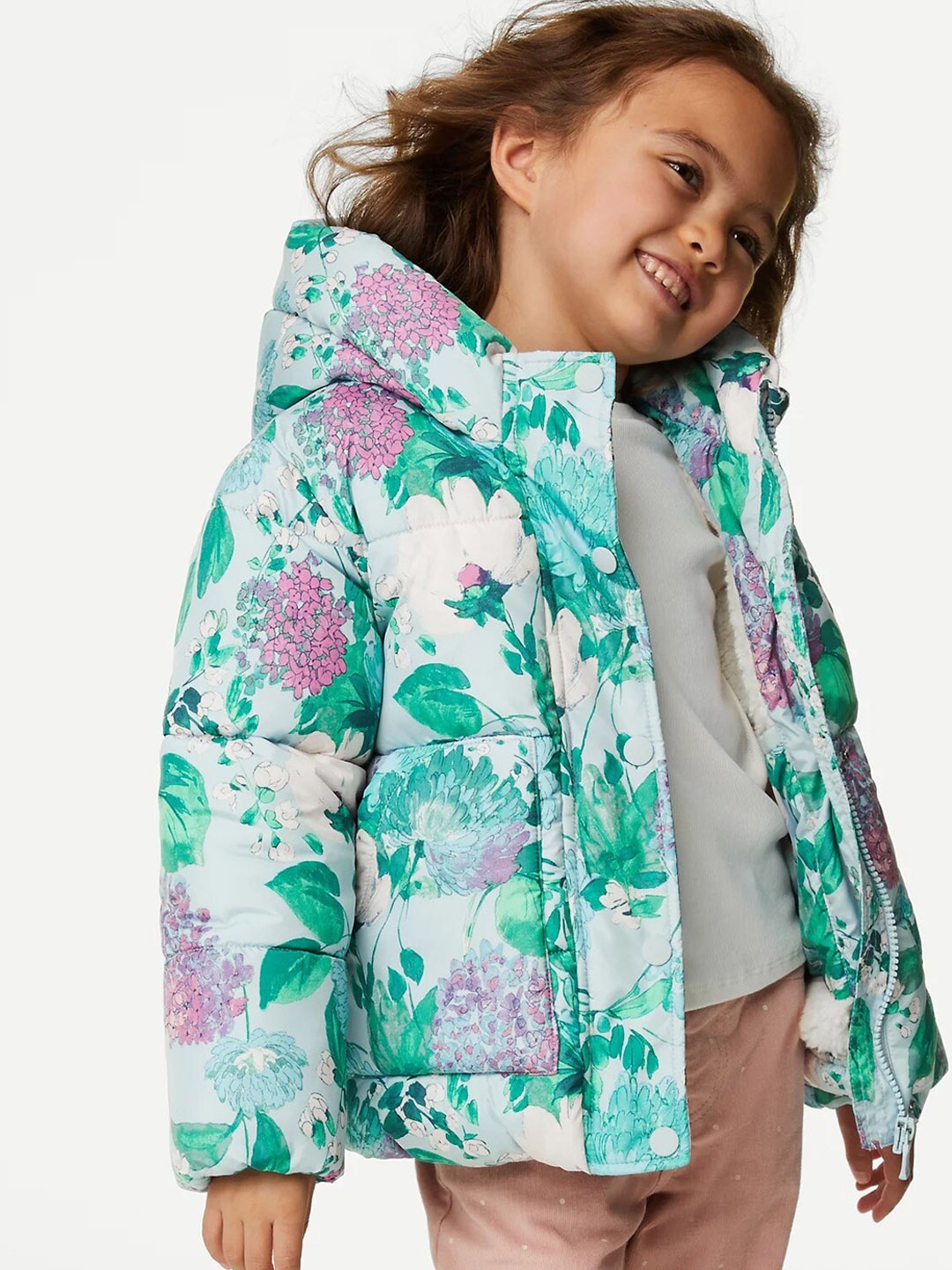 

Marks & Spencer Girls Floral Printed Hooded Crop Puffer Jacket, Green