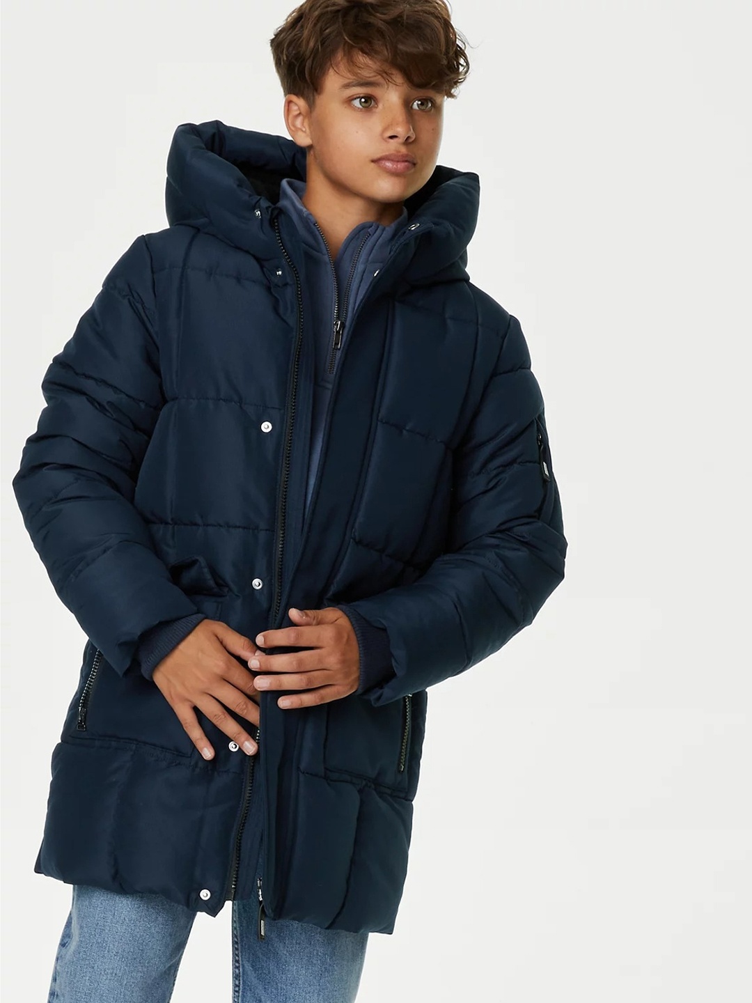 

Marks & Spencer Boys Hooded Longline Puffer Jacket, Navy blue