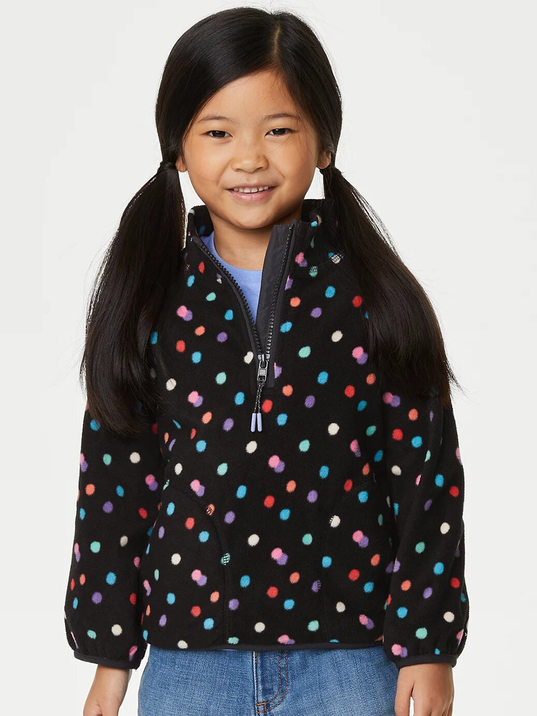 

Marks & Spencer Girls Polka Dots Printed Half Zipper Fleece Pullover Sweatshirt, Black