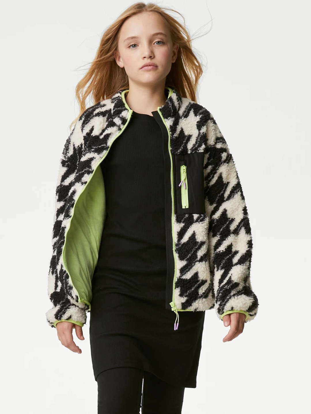 

Marks & Spencer Girls Houndstooth Printed Collarless Tailored Jacket, White