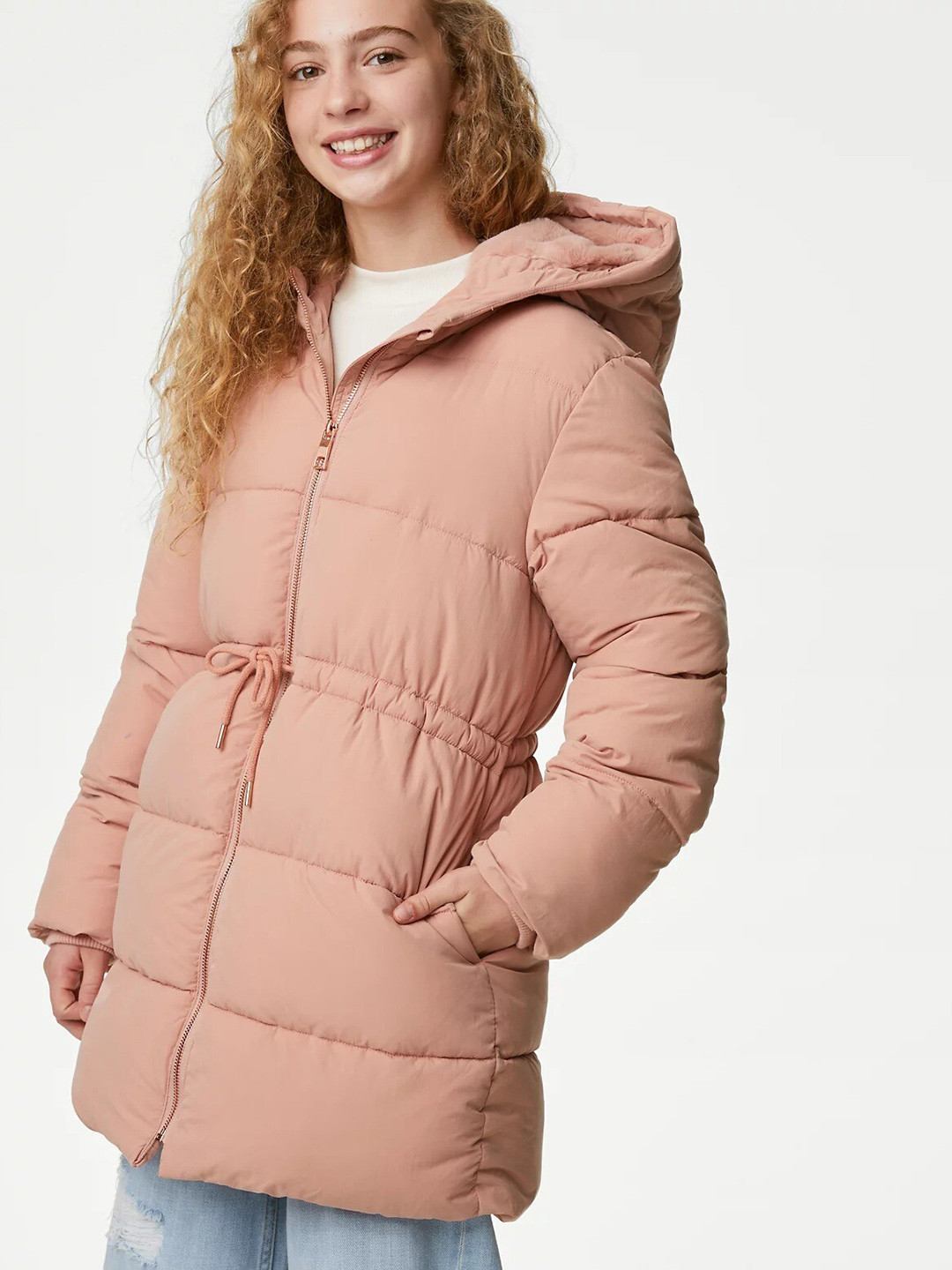 

Marks & Spencer Girls Longline Hooded Puffer Jacket, Peach