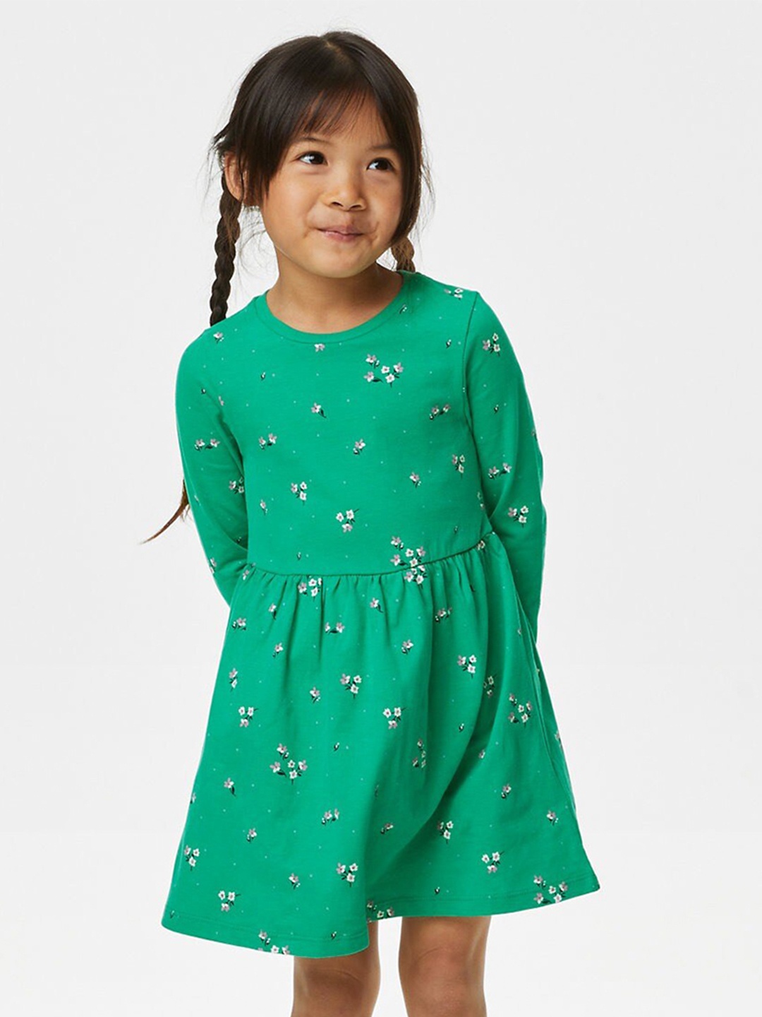 

Marks & Spencer Girls Floral Printed Long Sleeves Pure Cotton A-Line Dress, Green