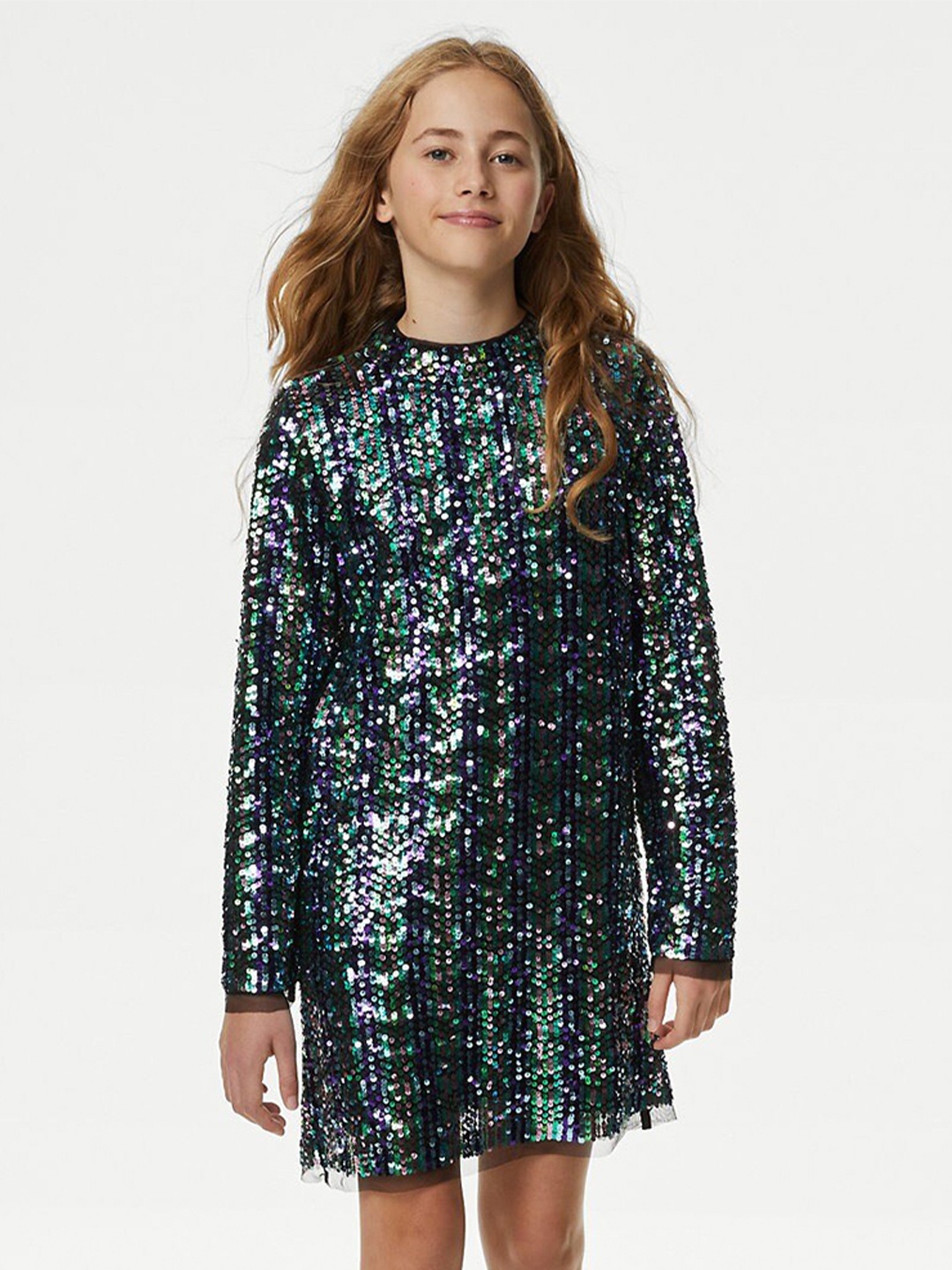 

Marks & Spencer Girls Embellished Sequined A-Line Dress, Green