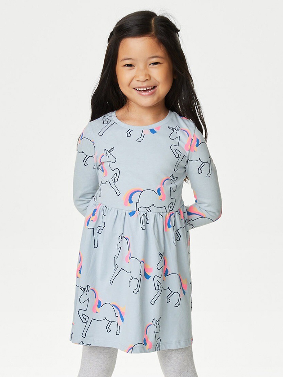 

Marks & Spencer Girls Conversational Printed Puff Sleeves Pure Cotton Fit & Flare Dress, Blue