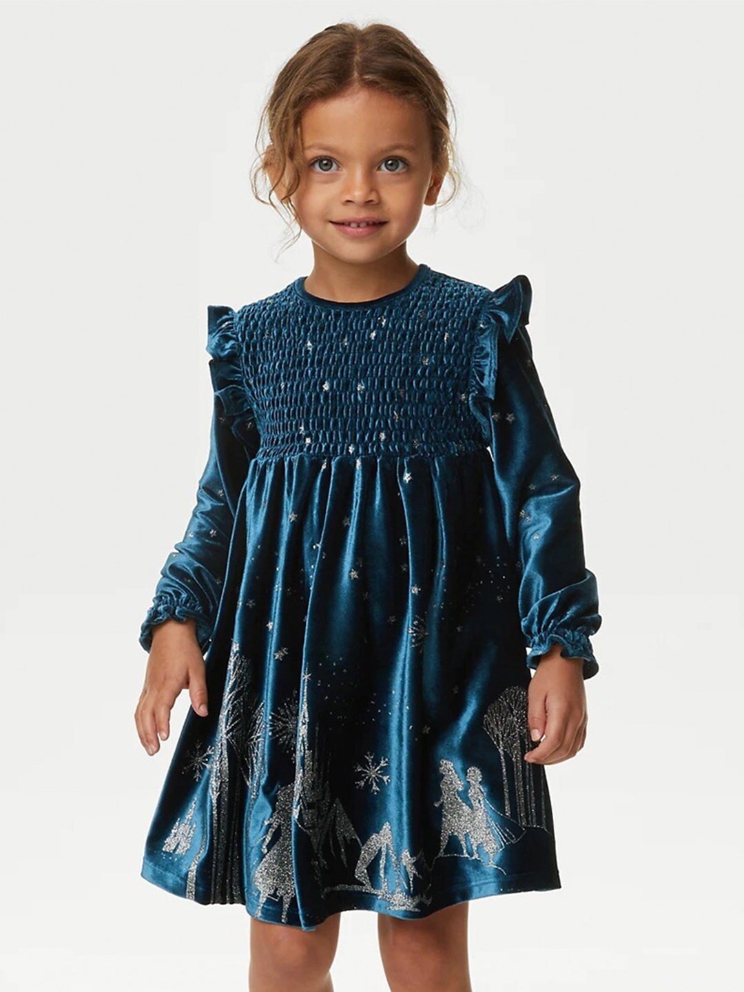 

Marks & Spencer Girls Embellished Smocked Ruffled Velvet Fit & Flare Dress, Teal