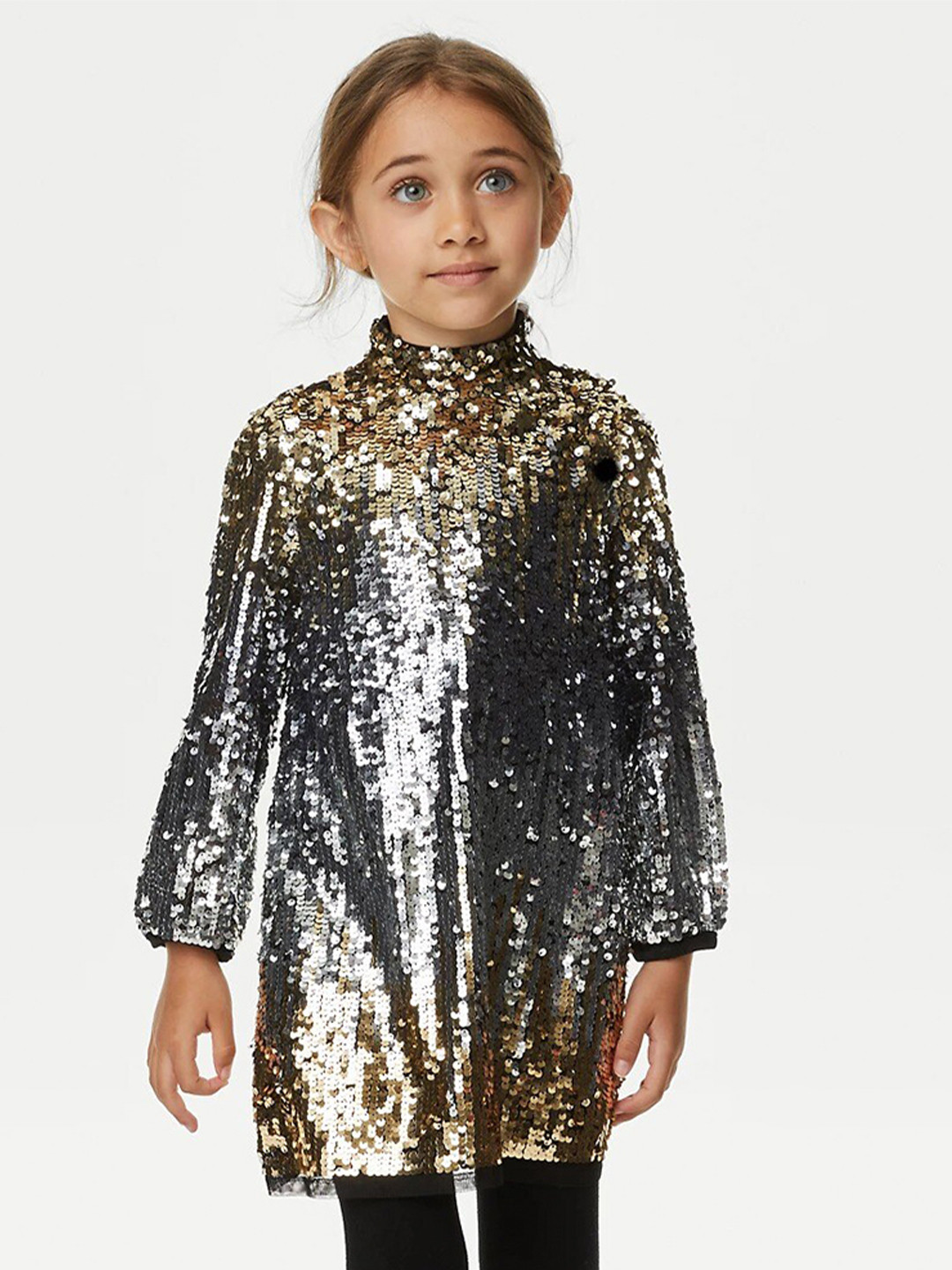 

Marks & Spencer Girls Embellished High Neck Sequined A-Line Dress, Gold