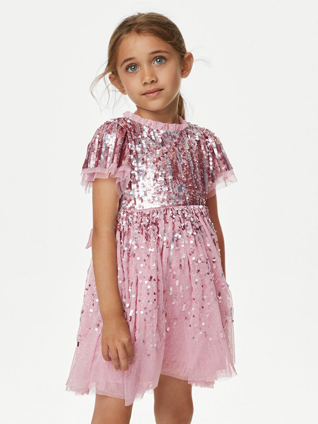 

Marks & Spencer Girls Embellished Flared Sleeves Sequined A-Line Dress, Pink