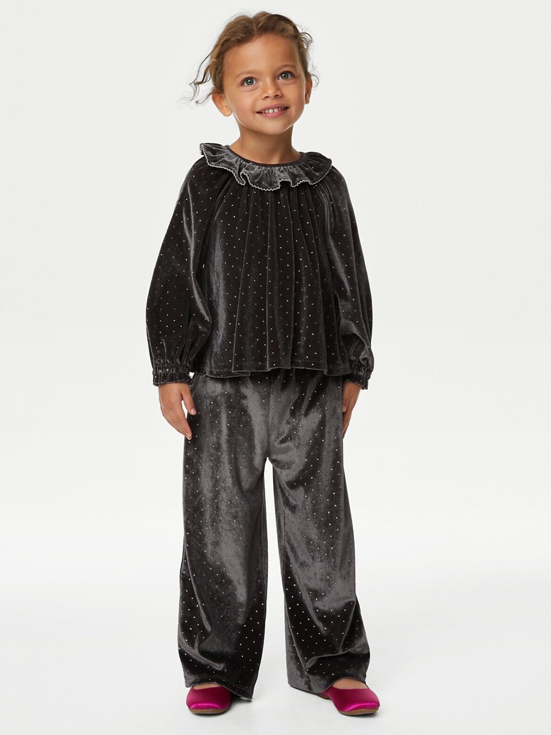 

Marks & Spencer Girls Embellished Ruffled Velvet Top with Trousers, Black