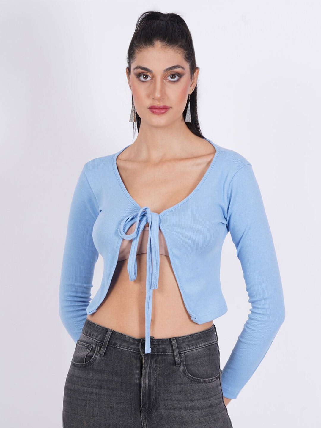 

SIGHTBOMB V-Neck Tie-Up Detail Crop Top, Blue