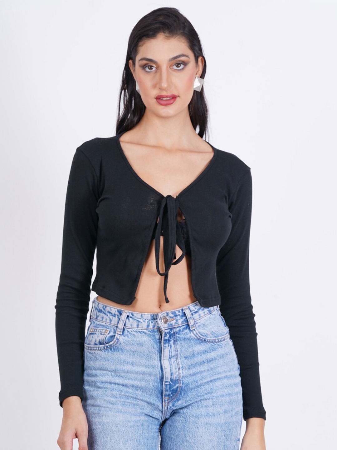 

SIGHTBOMB V-Neck Tie-Up Detail Crop Top, Black