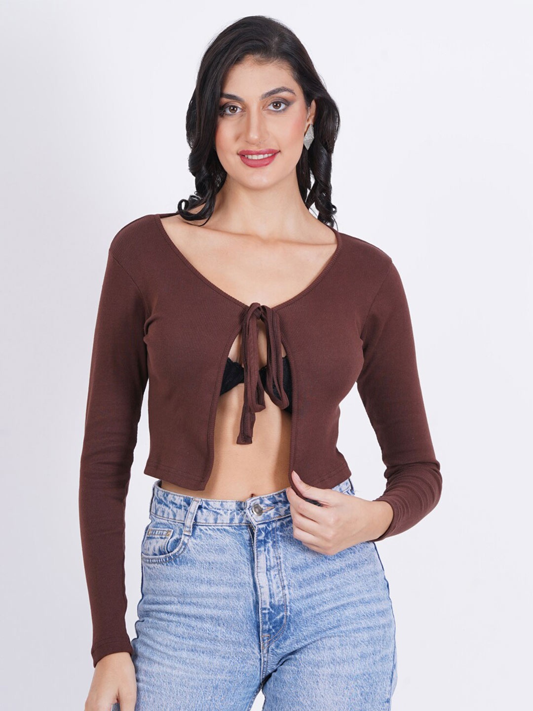 

SIGHTBOMB V-Neck Tie-Up Detail Crop Top, Brown