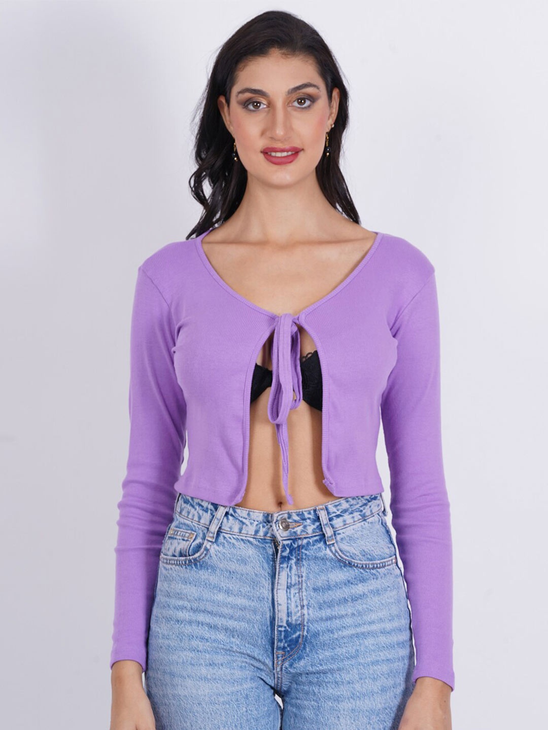 

SIGHTBOMB Ribbed Crop Tie-Up Shrug, Lavender