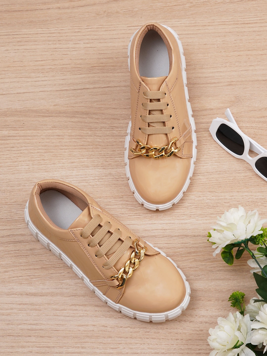 

HASTEN Women Embellished Heeled Sneakers, Beige