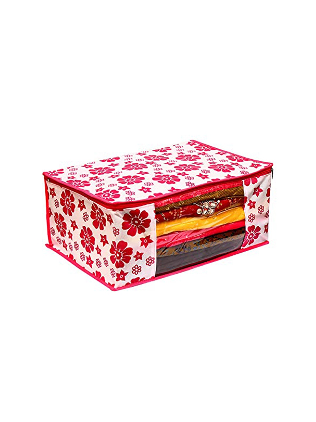 

Perpetual White & Pink Floral Printed Fabric Saree Organiser With Zip