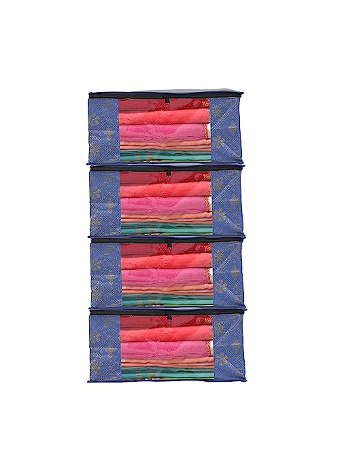 

Perpetual Blue & Beige 4 Pieces Printed Fabric Saree Organisers With Zip