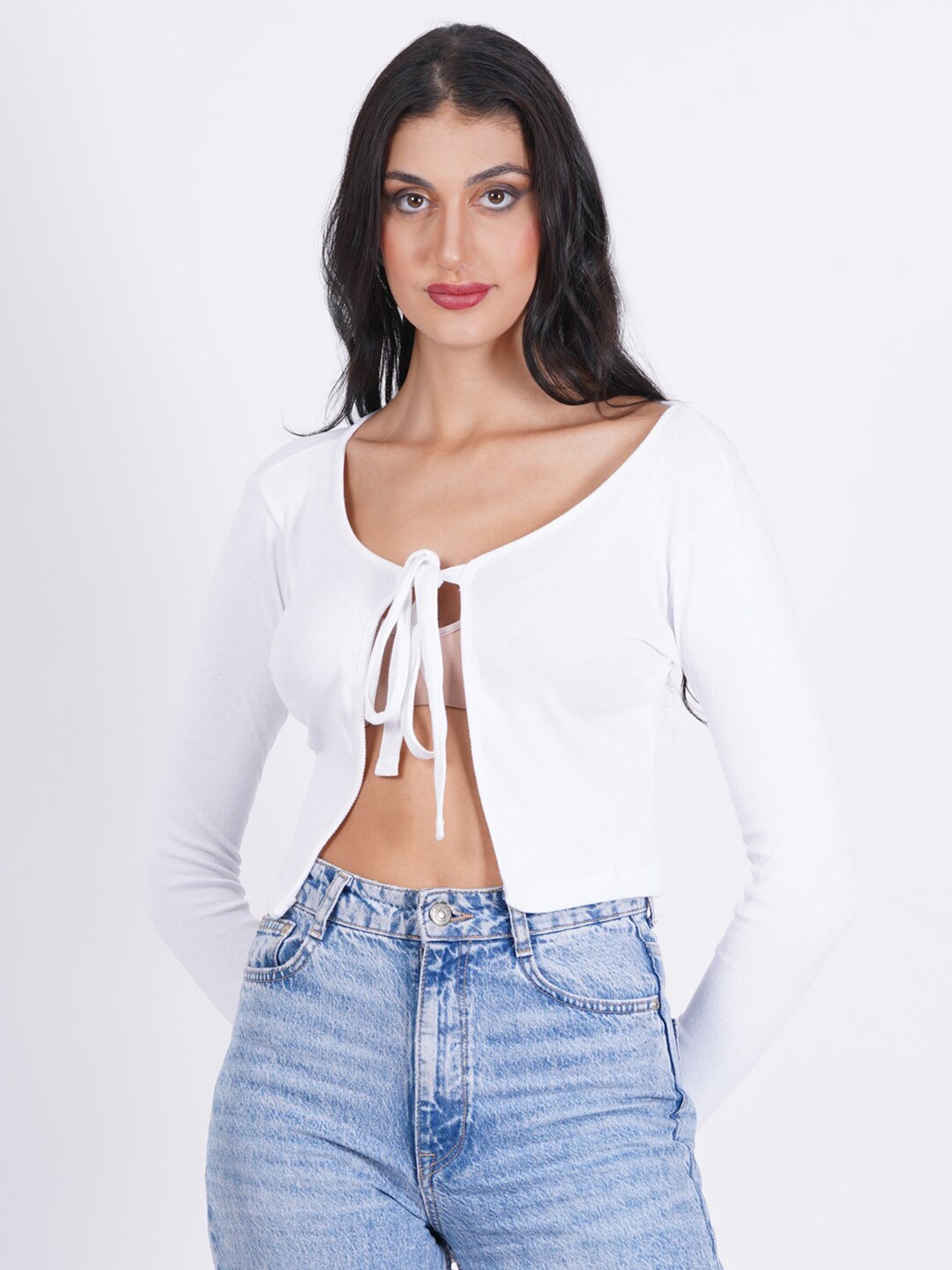 

SIGHTBOMB Ribbed Crop Tie-Up Shrug, White