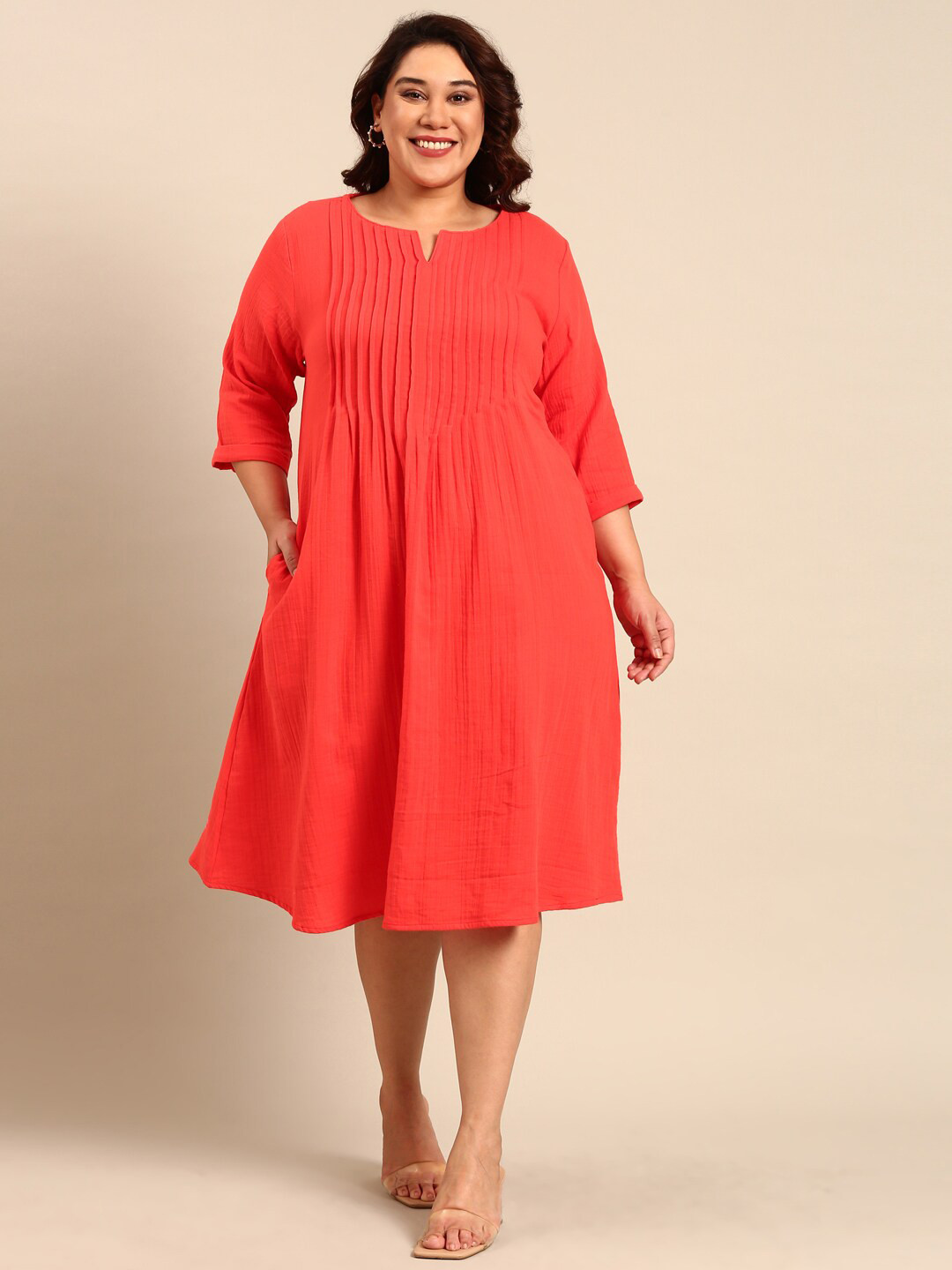 

The Pink Moon Plus Size Pintuck Cotton A-Line Dress, Orange