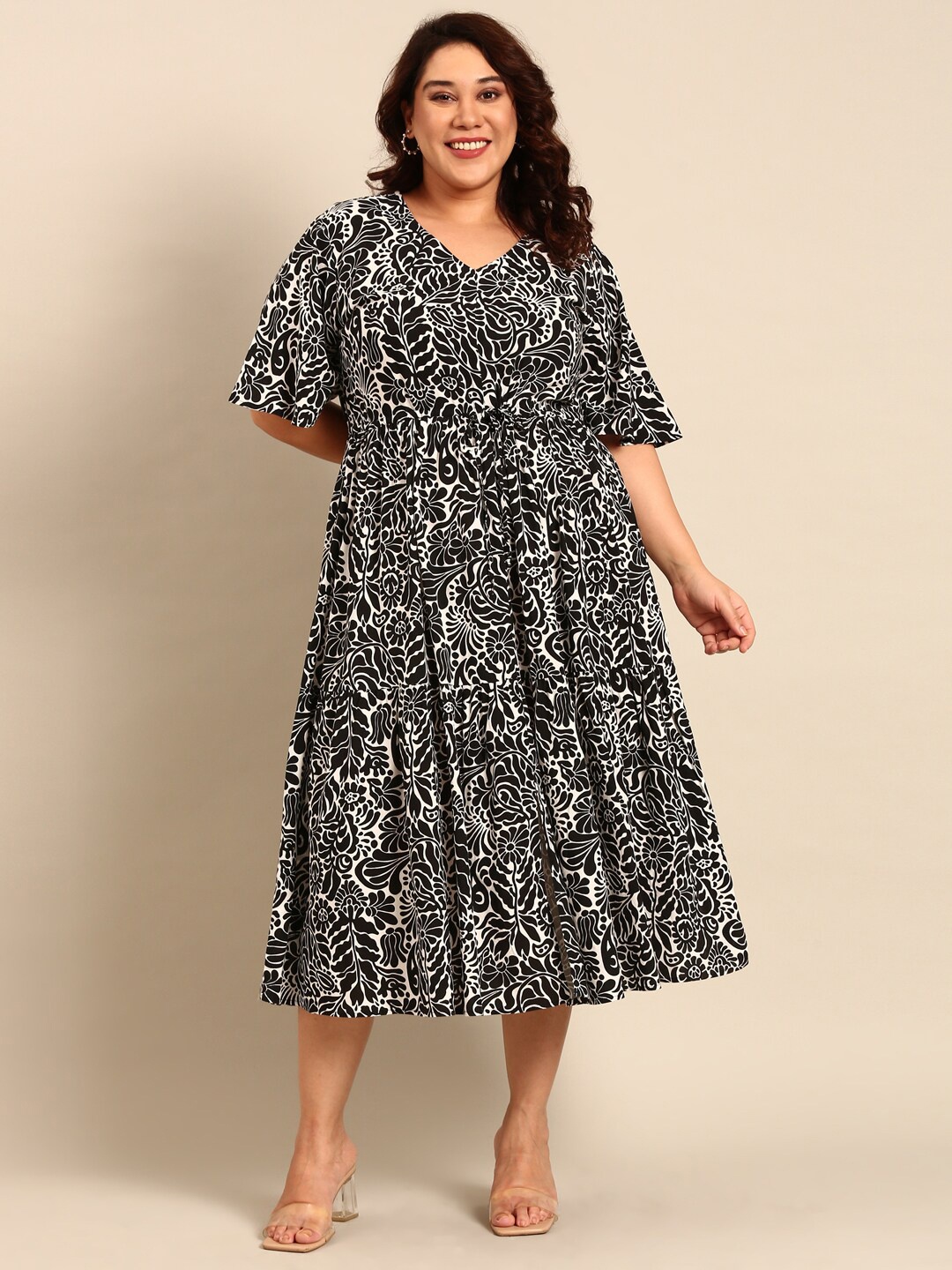 

The Pink Moon Plus Size Ethnic Motifs Print Fit & Flare Midi Dress, White