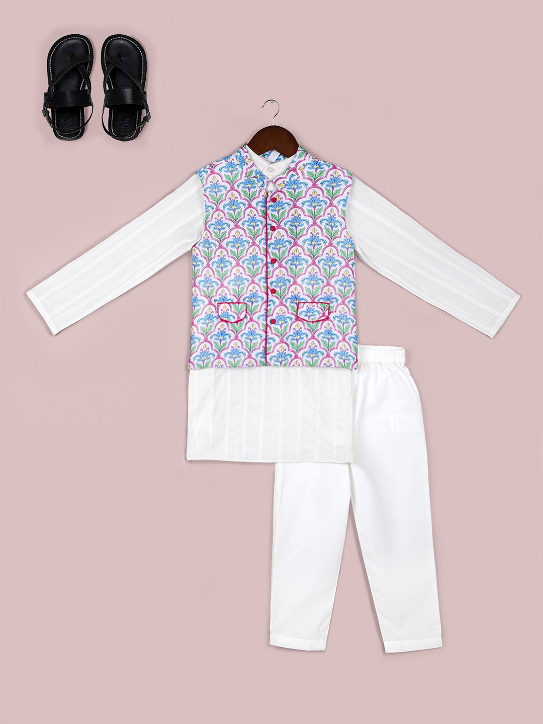

Naughty Ninos Boys Pure Cotton Kurta with Pyjamas And Printed Nehru Jacket, White