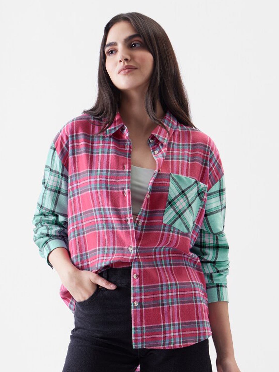 

The Souled Store Pink Relaxed Tartan Checked Pure Cotton Boxy Casual Shirt