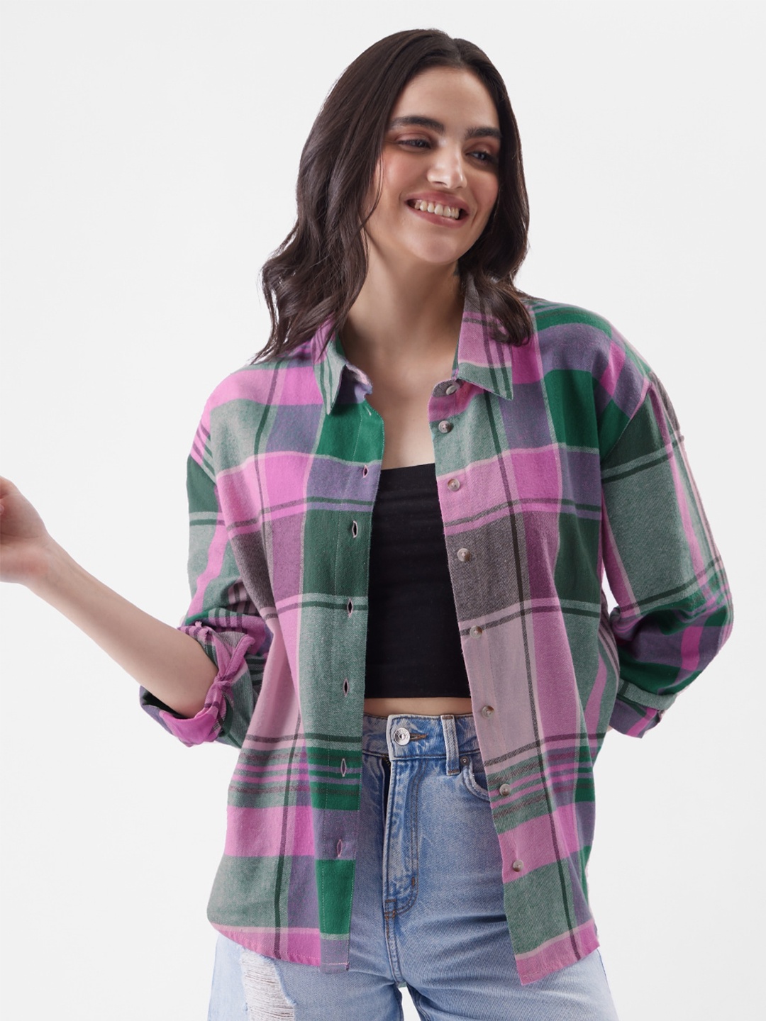 

The Souled Store Tartan Checked Relaxed Boxy Fit Pure Cotton Casual Shirt, Green