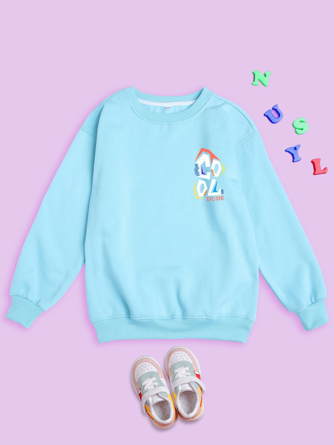 

NUSYL Kids Typography Printed Oversized Fleece Pullover, Blue