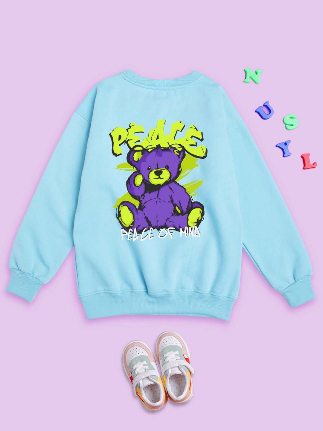 

NUSYL Kids Graphic Printed Oversized Fleece Pullover, Blue