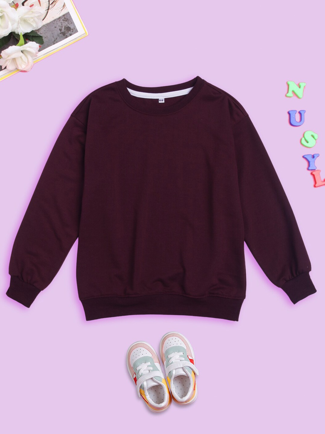 

NUSYL Kids Solid Oversized Fit Pullover Sweatshirt, Maroon