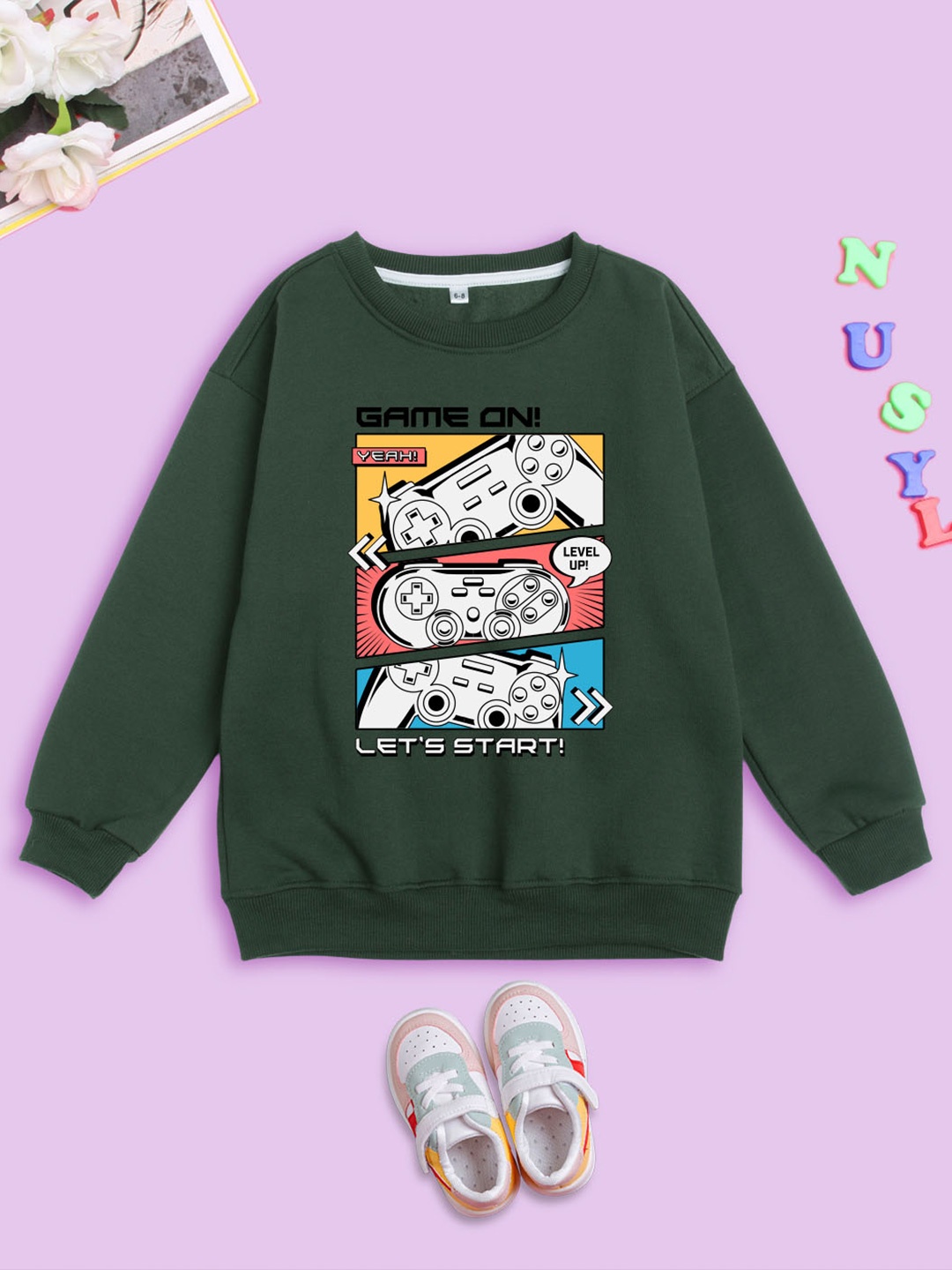 

NUSYL Kids Graphic Printed Round Neck Fleece Oversized Sweatshirt, Green