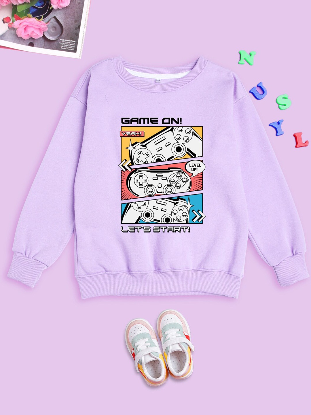 

NUSYL Kids Game On Graphic Printed Round Neck Oversized Pullover Sweatshirt, Lavender