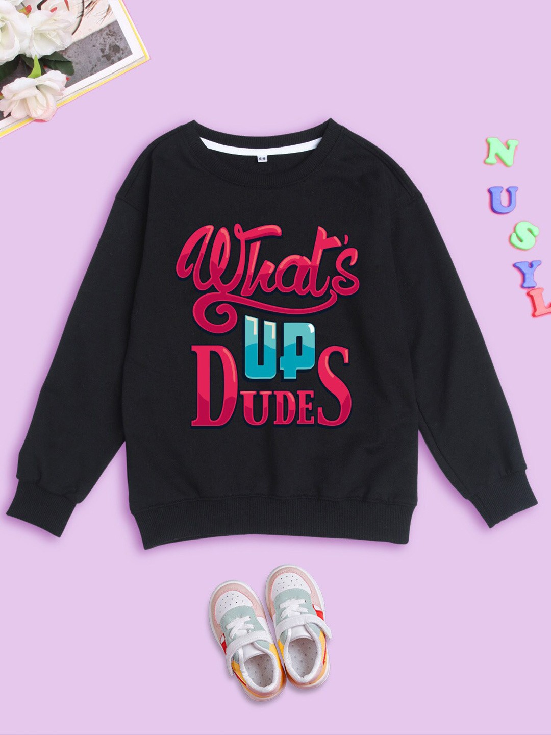 

NUSYL Kids Typography Printed Round Neck Fleece Oversized Sweatshirt, Black