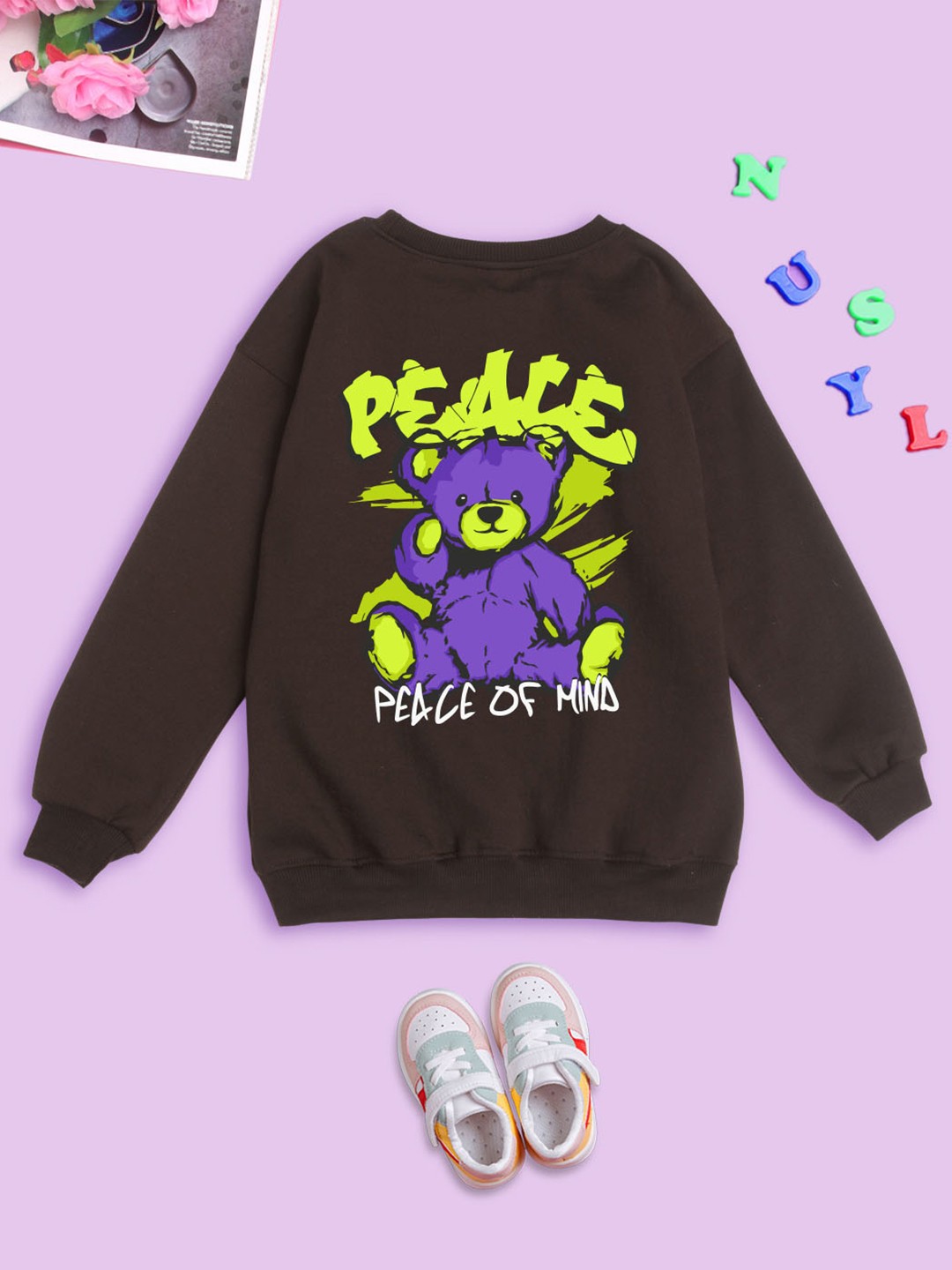 

NUSYL Kids Graphic Printed Fleece Oversized Sweatshirt, Brown