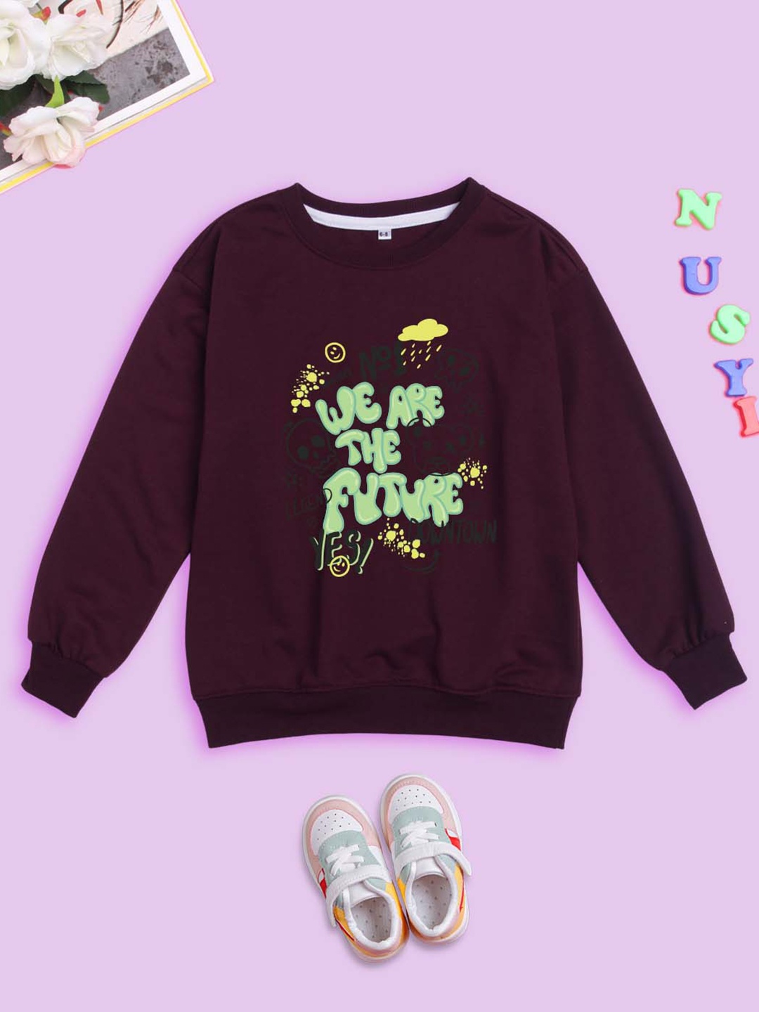 

NUSYL Kids Typography Printed Oversized Fleece Sweatshirt, Maroon